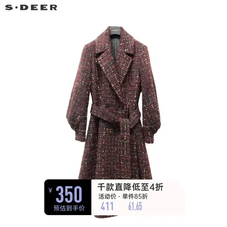 sdeer圣迪奥女装休闲西装领收腰格子长款大衣S224Z25C4图片