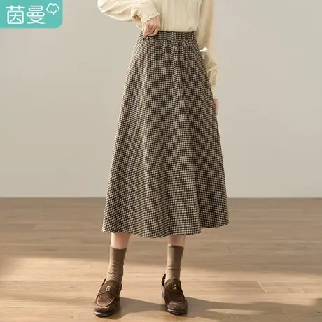 茵曼2023冬女装新款优雅香风腰间皮筋设计经典格子A字版型半身裙图片