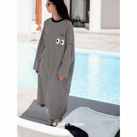 贝妍条纹睡裙女春秋季新款柔软棉长袖睡衣韩版大码少女家居服长裙图片