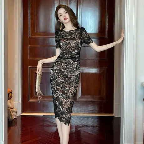 黑色碎花新中式蕾丝连衣裙过膝中长款复古优雅气质淑女短袖包臀裙图片