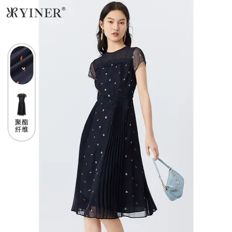 YINER音儿专选女装夏季时尚收腰皱褶拼接刺绣网纱仙女连衣裙图片