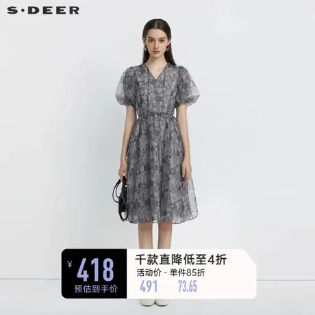 sdeer圣迪奥碎花裙女夏季新款裙子V领泡泡袖茶歇连衣裙S223Z12N5图片