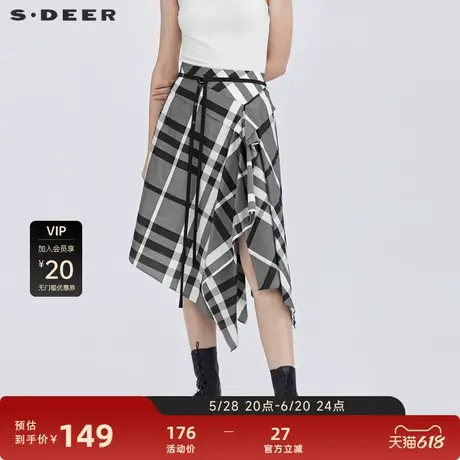 sdeer圣迪奥女装复古格纹撞色收腰不规则长裙S21281112图片