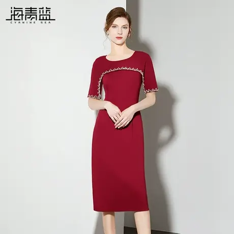 海青蓝气质包臀裙2025夏季新款高级感重工镶钻晚礼服裙红色连衣裙图片