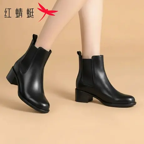 红蜻蜓女鞋2025冬季新款真皮切尔西靴女粗跟短靴加绒时尚休闲棉鞋商品大图