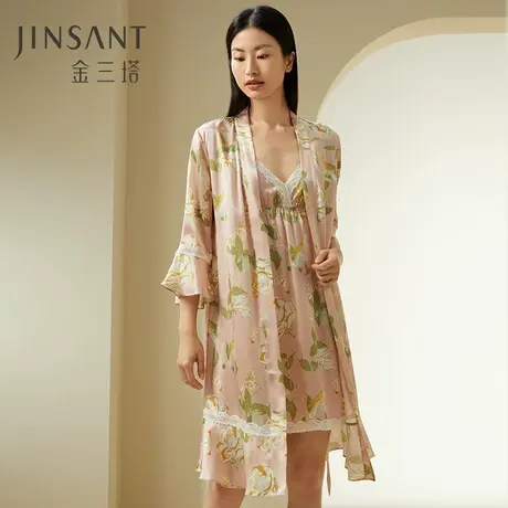 山茶漫漫】100%桑蚕丝女真丝印花丝滑舒适睡袍家居服晨袍金三塔图片