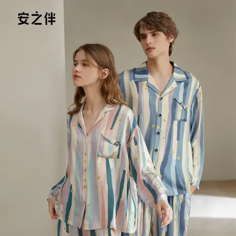 安之伴2023纯棉情侣睡衣女春秋季条纹油画款开衫男家居服套装长袖商品大图