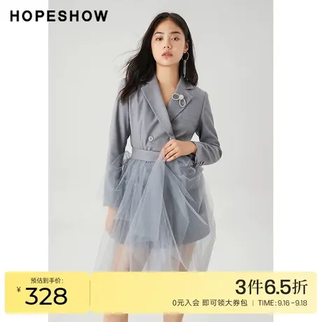 红袖outlets西装双排扣连衣裙hopeshow2022春季款拼接网纱仙女裙图片