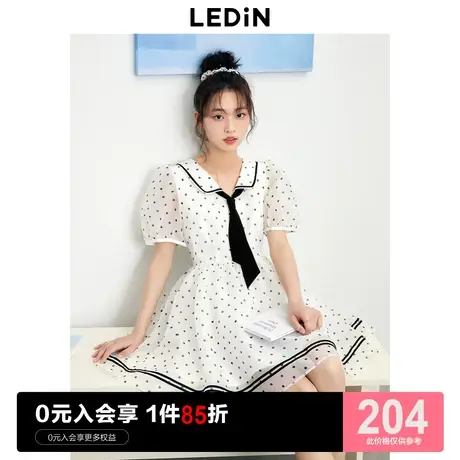 乐町海军风波点网纱公主裙2023年夏季新款泡泡袖小翻领收腰连衣裙图片