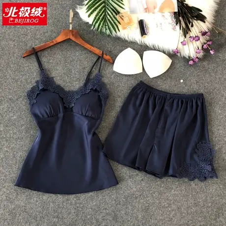 2021新款睡衣女夏性感聚拢小胸带胸垫冰丝绸蕾丝吊带短袖两件套装图片