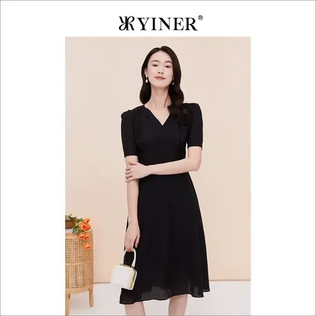 YINER音儿专选女装夏季莱赛尔法式V领打揽收褶连衣裙图片