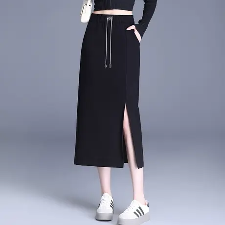 黑色开叉直筒裙休闲裙女2024春季新款松紧腰显瘦包臀半身裙中长裙图片