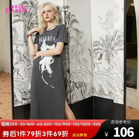 妖精的口袋露背t恤连衣裙女2023夏季新款休闲宽松开叉气质设计感图片
