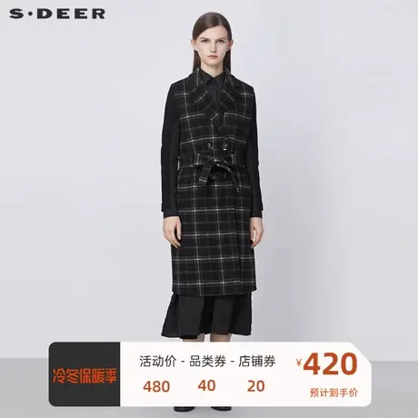 sdeer圣迪奥女装西装领撞色格纹收腰长款毛呢马甲S21481613图片