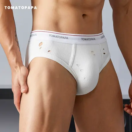 TOMATOPAPA男士内裤三角裤破洞定制烧花工艺高弹螺纹简约字母底裤图片