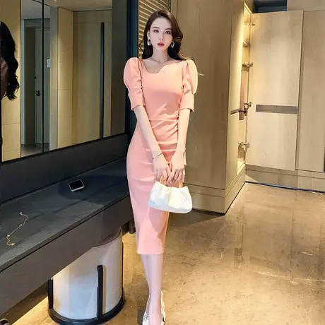 泡泡袖拼接方领连衣裙女士包臀显瘦晚礼服法式收腰遮肚中长裙子夏图片