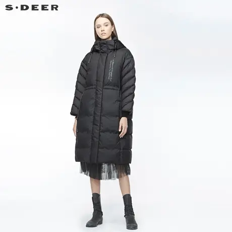 sdeer圣迪奥女高领连帽字母胶印收腰插袋纯黑羽绒服S19482450图片