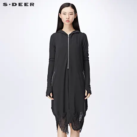 sdeer圣迪奥女装秋装休闲连帽假两件纯色长风衣外套S17181807图片
