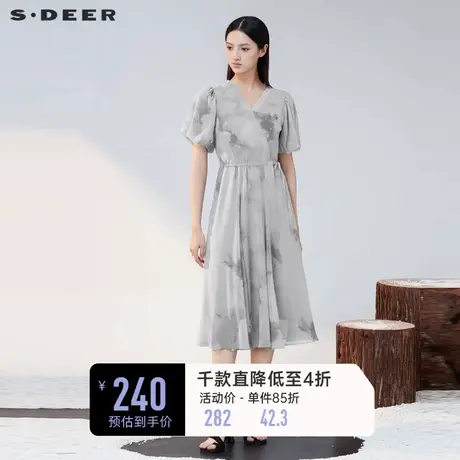 sdeer圣迪奥国风连衣裙V领晕染泡泡袖雪纺长裙S223Z12U5图片