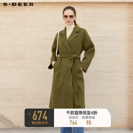 sdeer圣迪奥女装休闲西装领呢子收腰长款毛呢大衣长外套S23462503图片