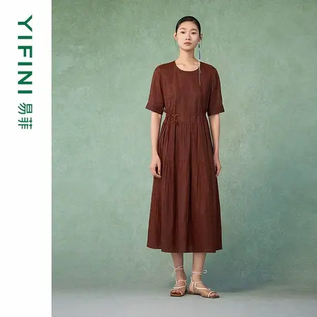[专柜同款]Yifini/易菲棉麻肌理感气质优雅高级感短袖连衣裙女图片