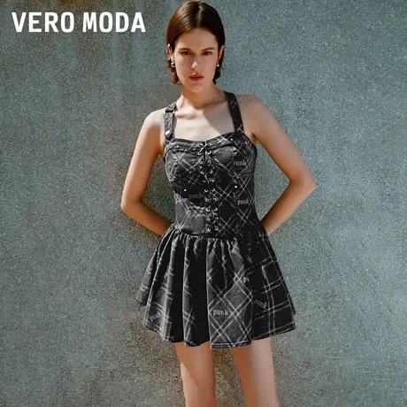 Vero Moda奥莱连衣裙夏季新款吊带牛仔绑带蓬蓬修身百褶短裙子图片