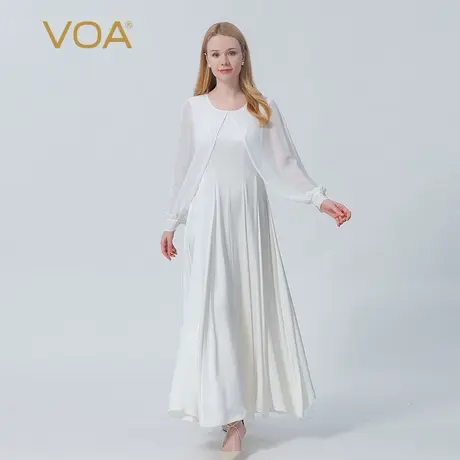 VOA100%桑蚕丝真丝40姆米重磅白色长袖撞料拼接百搭A字型公主裙图片