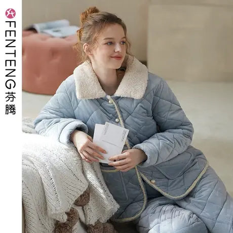 芬腾秋冬季睡衣女士珊瑚绒夹棉三层加厚保暖套装棉袄法兰绒家居服图片