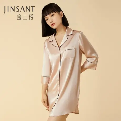 舒适亲肤】100%桑蚕丝男友风衬衫式真丝睡裙女纯桑蚕丝睡衣金三塔图片