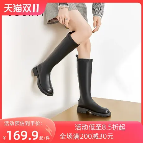 卓诗尼2023秋冬新款后拉链长筒靴时尚显瘦女靴粗跟百搭加绒高筒靴图片