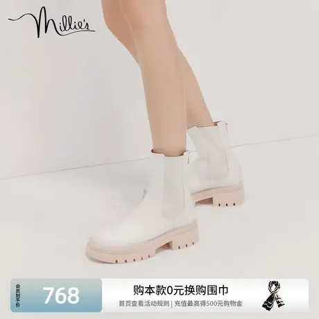 millie's妙丽冬新款牛皮时尚厚底拼色酷飒女烟筒短靴SGS32DZ2图片