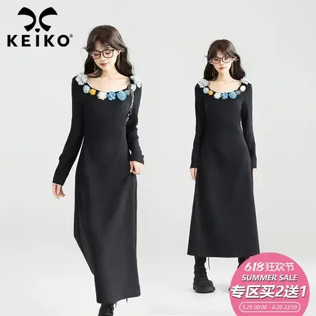 KEIKO[立体扎花]法式温柔收腰连衣裙25春季气质显瘦黑色大U领长裙图片