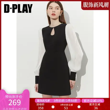 DPLAY2023秋新轻奢高级钻链装饰黑拼白镂空高腰小个子长袖连衣裙图片