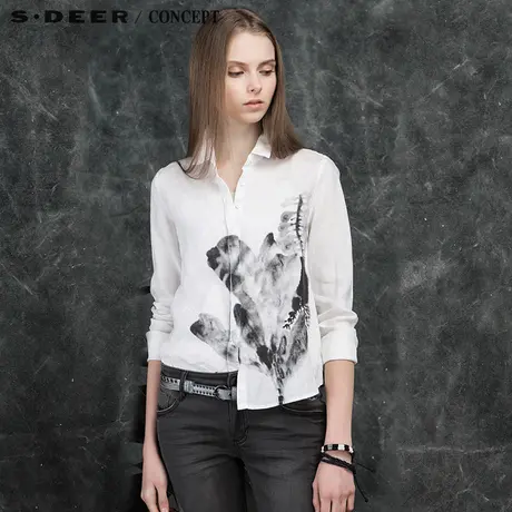 sdeer圣迪奥专柜正品春装新款女装写意水墨印花亚麻衬衫S16180554图片