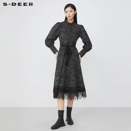 sdeer圣迪奥女装翻领收腰植物印花拉链蕾丝衬衫连衣裙S21461202图片