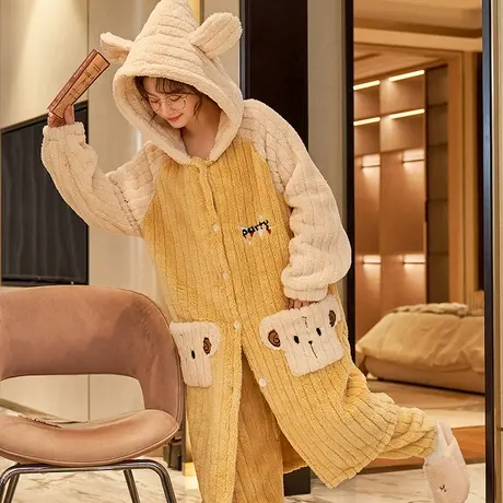 南极人珊瑚绒睡衣女秋冬季加绒加厚法兰绒睡袍家居服套装2023新款商品大图