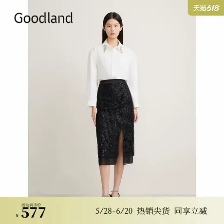 Goodland美地夏季法式优雅粼光珠片开衩修身铅笔半身裙图片