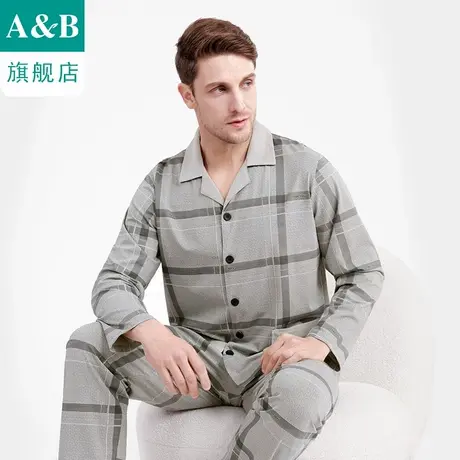 ab内衣睡衣精梳棉翻领开襟起居服长袖长裤男士家居套装F353图片