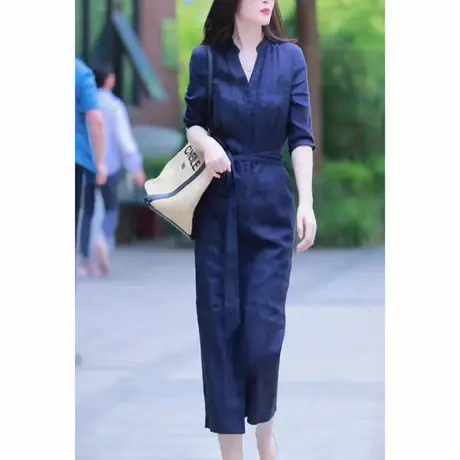 夏装新款新款V领亚麻连衣裙女夏季收腰显瘦宽松棉麻衬衫长裙子潮图片