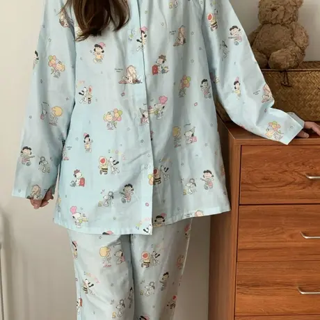 上新!蛋糕小狗全棉双层纱圆领睡衣卡通印花家居服套装长袖长裤图片