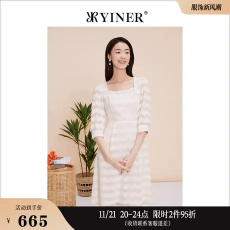 YINER音儿专选女装春季方领镂空茶歇公主袖连衣裙图片
