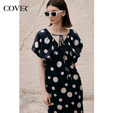 COVER夏季波点缎面花苞袖抗皱连衣裙图片