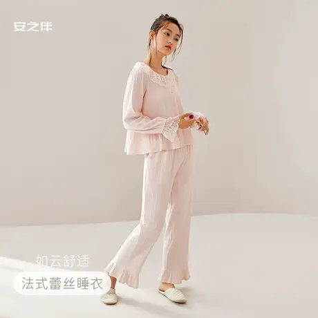 安之伴纯棉睡衣女春秋2023年新款蕾丝花边宽松可爱甜美家居服套装商品大图