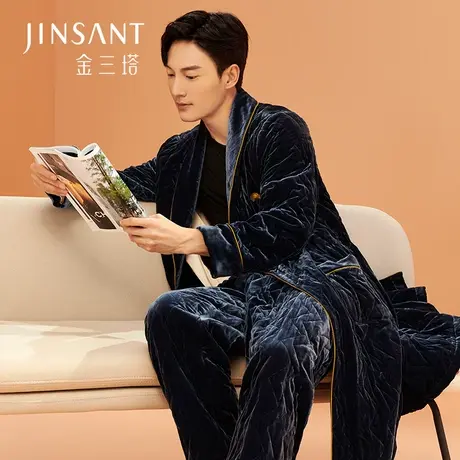 金三塔丝绒夹棉睡袍 秋冬保暖100%桑蚕丝填充刺绣加厚家居服男图片