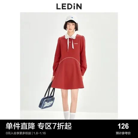 乐町甜美A摆连衣裙春季女复古运动小个子长袖红色裙子图片