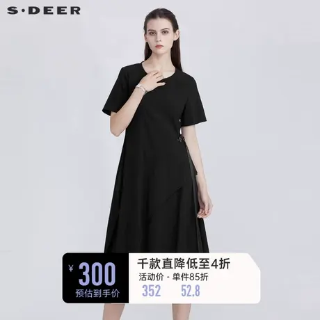 sdeer圣迪奥女装夏个性圆领拼接收腰短袖黑色气质连衣裙S21281228图片