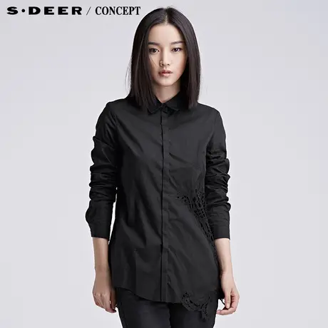 sdeer圣迪奥黑色衬衫 女装优雅镂空绣花纯黑长袖衬衫S16480509图片