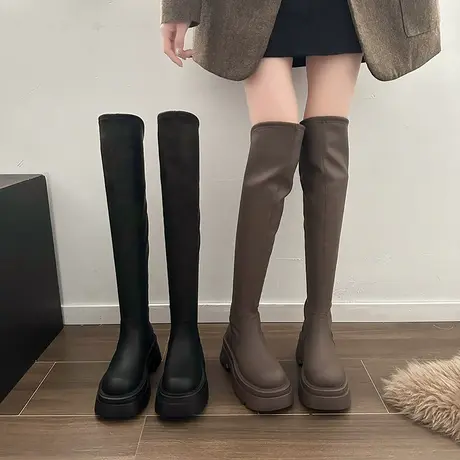 过膝靴子女2023新款秋冬小个子厚底长靴高筒骑士靴长筒皮靴瘦瘦靴图片