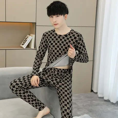 2023双面绒德绒保暖内衣套装男秋衣秋裤青少年无痕印花潮流两件套图片