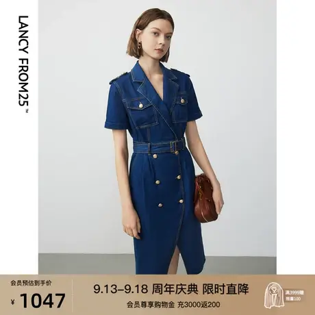 朗姿法式复古蓝色休闲中长款牛仔连衣裙夏新款气质收腰短袖裙子女图片